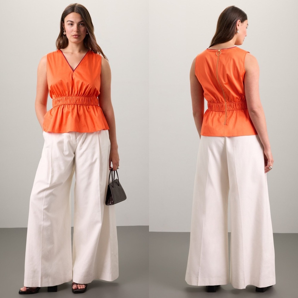 Roksanda Collective Women Peplum Top 4 Orange Sleeveless V Neck Cotton Chic Bold